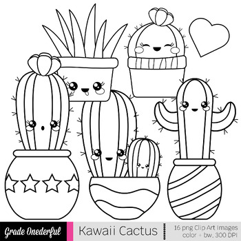 Kawaii Cactus Clipart: Color, Black and White, Cactus Paper by Grade ...