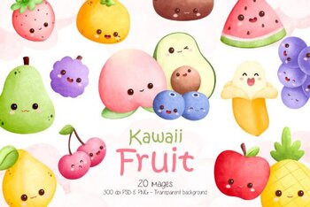 Kawaii Fruit Clipart. Scrapbook Printable Vector .eps and Png