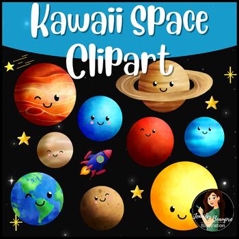 Preview of Kawaii Watercolor Planet and Stars Space Clipart