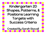 Kdg 2D Shapes, Positions, & Patterns Learning Targets w/ S