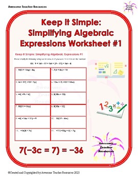 Preview of Keep It Simple: Simplifying Algebraic Expressions #1