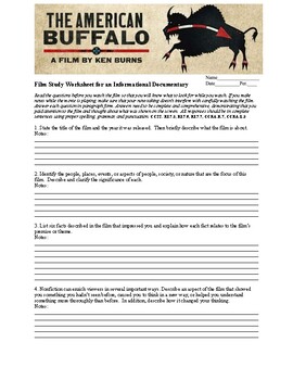 Preview of Ken Burns' PBS Documentary "The American Buffalo" Film Study Worksheet