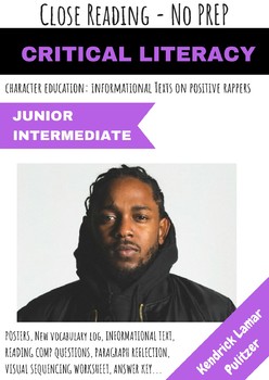 Preview of Kendrick Lamar Rapper Close Reading Informational Text Reflection No Prep Pack