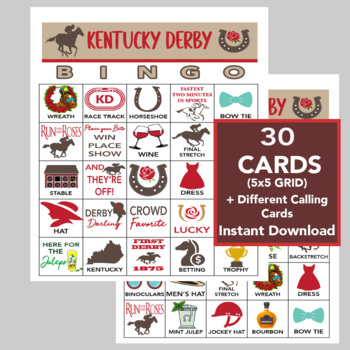 Preview of Kentucky Derby Bingo, Kentucky Derby Party, Run for the Roses,30 Different Cards
