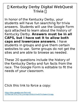 Preview of Kentucky Derby Digital Web Quest Trivia Google Form