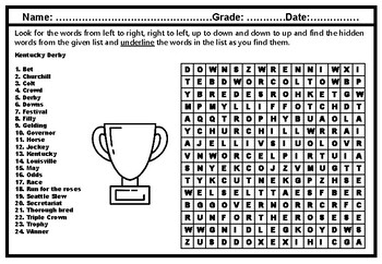 Preview of Kentucky Derby Word Search Worksheet Activity, Distance Learning Activity