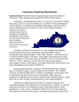 Preview of Kentucky State Profile & History Reading Worksheet w/Answer Key **Editable**