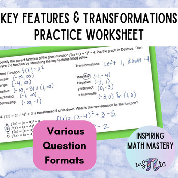 Preview of Key Features & Function Transformations Practice Worksheet - NC Math 3 Aligned