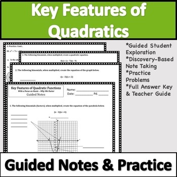 Preview of Key Features of Quadratic Functions Notes Worksheets FREE 