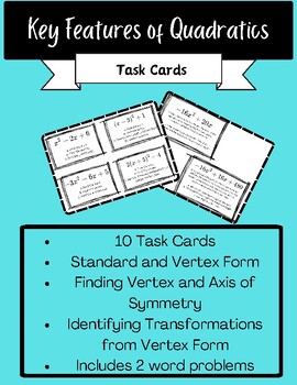 Preview of Key Features of Quadratic Functions Task Cards