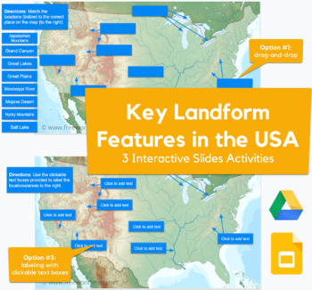 Preview of Key Landform Features in the USA - drag-and-drop, labeling map in Slides