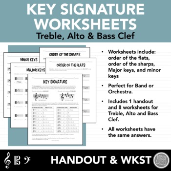 Preview of Key Signature Handout and Worksheets - Treble, Bass & Alto Clef