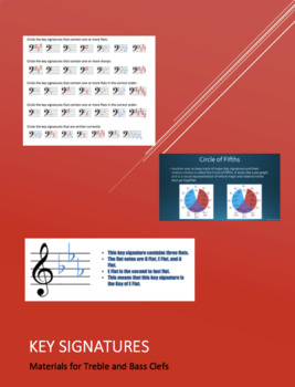 Preview of Key Signatures (Handouts, Worksheets, and Slides for Treble and Bass Clefs)