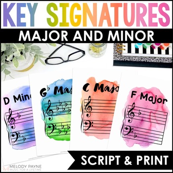 Preview of Major & Minor Key Signatures Posters - Rainbow Watercolor Music Classroom Decor