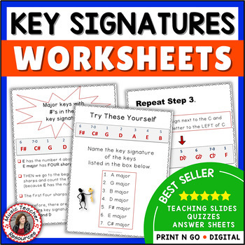 Preview of Key Signatures Teaching Slides and Music Theory Worksheets