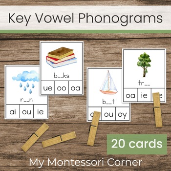 Preview of Key Vowel Phonograms Clip Cards, Montessori Green Series Phonics Materials