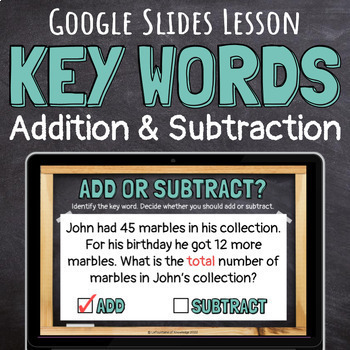 Preview of Key Words in Addition and Subtraction Word Problems Google Slides Lesson