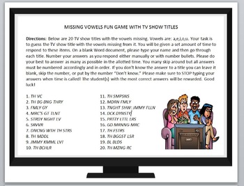 Preview of Keyboarding Games- Missing Vowels Fun Game with TV Show Titles- Word Version