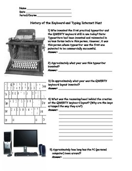 Preview of Keyboarding- History of the QWERTY Keyboard and Typing Internet Hunt w/ Answers