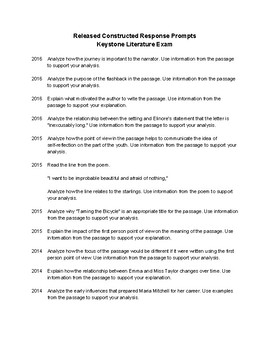 Preview of Keystone Literature Exam: Released Constructed Response Prompts 2011-2016
