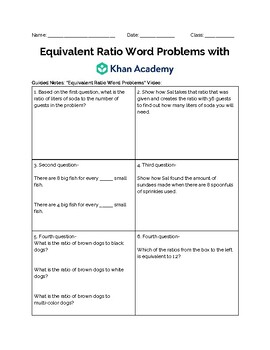 khan academy equivalent ratio word problems guided worksheet tpt