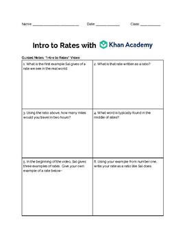 Khan Academy Intro to Rates Guided Worksheet TPT