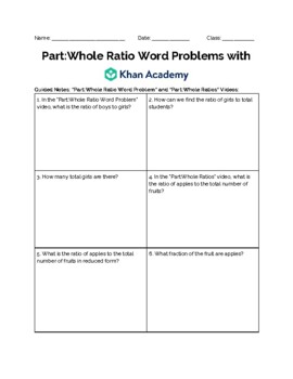 khan academy part whole ratio word problems guided worksheet tpt