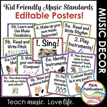 Preview of Kid Friendly Elementary Music Standards Posters - Custom - Editable