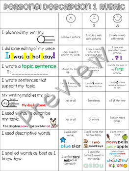 Kid-Friendly Writing Rubric Personal Description Level 1 {Simplified ...