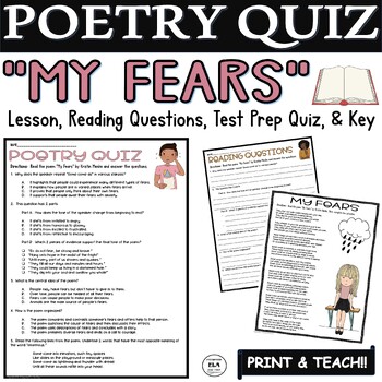 Preview of 4th Grade Poetry Activities Middle School Poem about Fears Reading Test Prep 5th