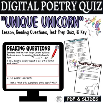 Preview of Kid Poetry Activities Worksheets Quiz Middle School Poems Unicorns