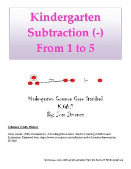 Preview of Kidergarten Subtraction: 1 to 5