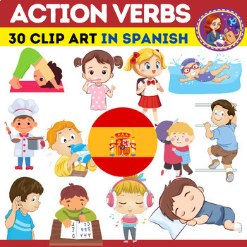 Preview of Kids Action Verbs Clip Art in Spanish . Verbs Clip Art
