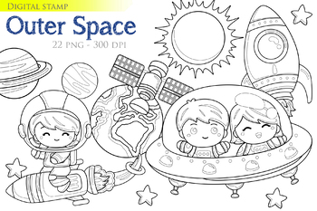Preview of Kids Astronaut Planet Outer Space Clipart - Black White Outline - Digital Stamp