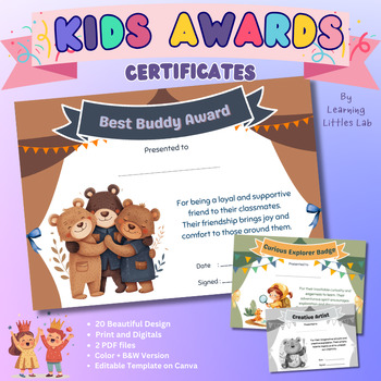 Preview of Kids Award Certificate: 20 Awards PDF files with Color + B&W, Editable on Canva