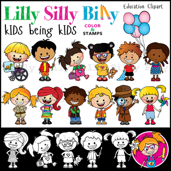 Preview of Kids Being Kids. Clipart. BLACK AND WHITE & Color Images. {Lilly Silly Billy}