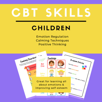 Preview of Kids CBT Skills Bundle, Emotion Regulation, Feelings Chart, Calming Skills