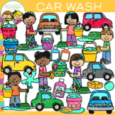 Kids Car Wash with Cars, Soap Bubbles and Buckets Clip Art