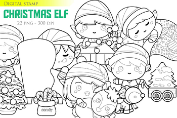 Preview of Kids Christmas Elf Fantasy Gift Toys Candy - Black White Outline - Digital Stamp