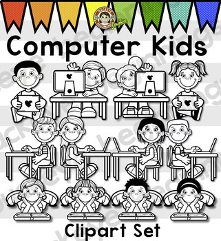 kids and computer clipart black and white