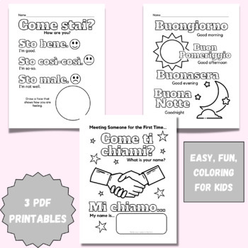 Preview of Kids Coloring Worksheet Italian: Come ti chiami? | Come stai? | Greetings | K-2