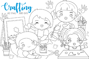 Preview of Kids Crafting Painting Fun Activity School - Black White Outline - Digital Stamp
