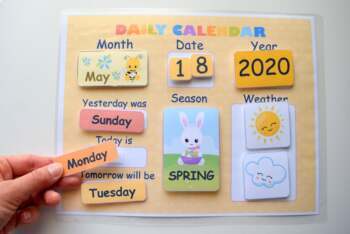 Preview of Kids Daily Calendar 2024 and weather chart, Morning board for preschool