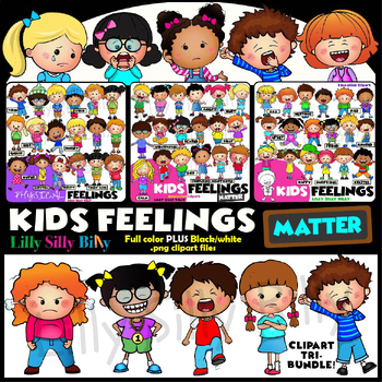 Preview of Kids Feelings Matter. Clipart TRI-BUNDLE. Full color and black/ white images.