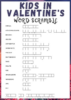 Preview of Kids In Valentine's Day No Prep Word scramble puzzle worksheet activity