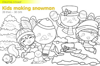 Preview of Kids Making & Play Christmas Snowman Winter -Black White Outline - Digital Stamp