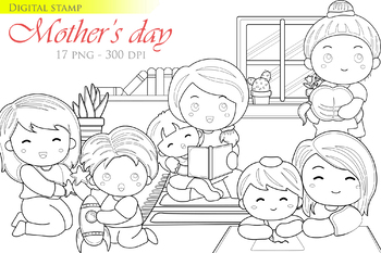 Preview of Kids Mother's Day Mom Love Family House - Black White Outline - Digital Stamp