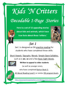Preview of Kids 'N Critters Decodable 1-Page Stories, Set 1