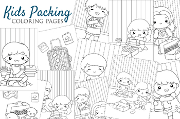 Preview of Kids Packing for Holiday Vacation Trip Season Cartoon Coloring Activity Set