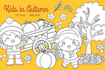 Preview of Kids Play in Autumn Seasons Tree Leaves Nature-Black White Outline-Digital Stamp